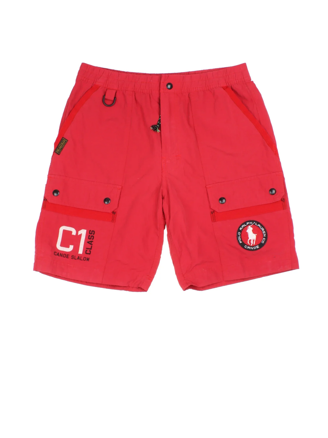 Vintage Polo Ralph Lauren Cargo Shorts in red colourway with multiple pockets, mesh lining, and the logo embroidered on the front.