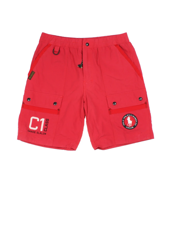 Vintage Polo Ralph Lauren Cargo Shorts in red colourway with multiple pockets, mesh lining, and the logo embroidered on the front.