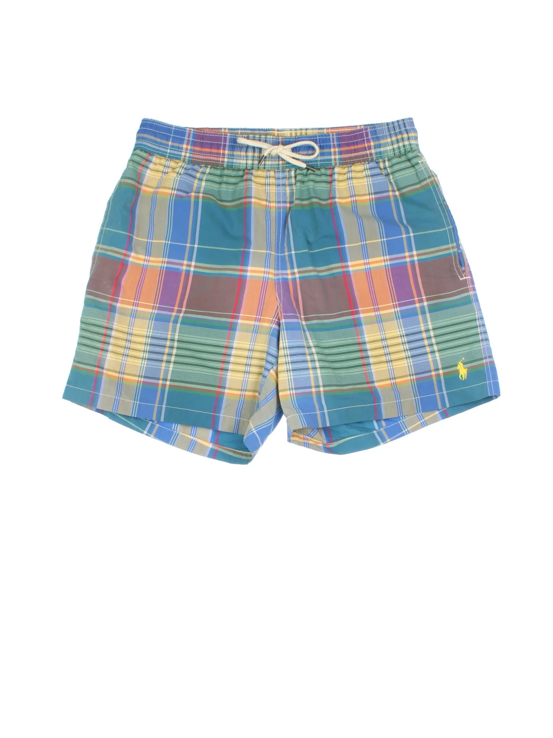 Vintage Ralph Lauren Swim Shorts in a blue plaid patterned colourway. Drawstring fastening, multiple pockets and the logo embroidered on the front/back.