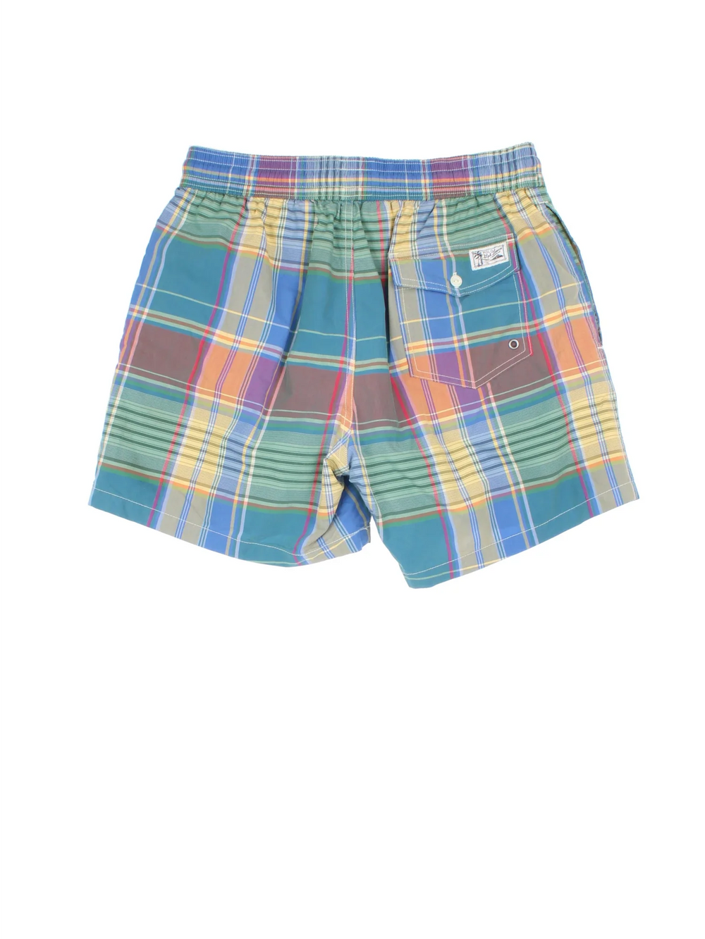 Vintage Ralph Lauren Swim Shorts in a blue plaid patterned colourway. Drawstring fastening, multiple pockets and the logo embroidered on the front/back.