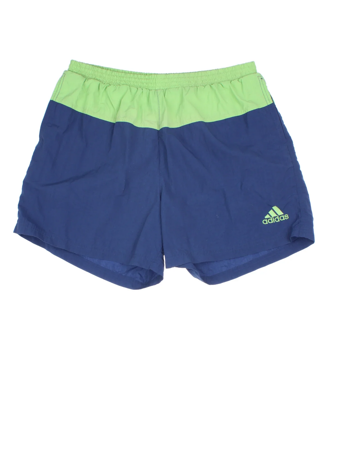 Vintage Adidas Shorts in blue/green colourway. Drawstring waist, contrast piping and the logo embroidered on the front/back.