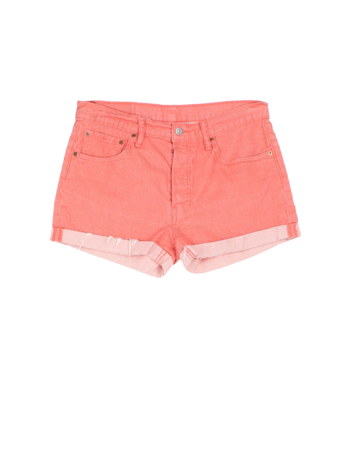 Vintage Levi Strauss Denim Shorts in pink colourway with multiple pockets and the logo embroidered on the back.
