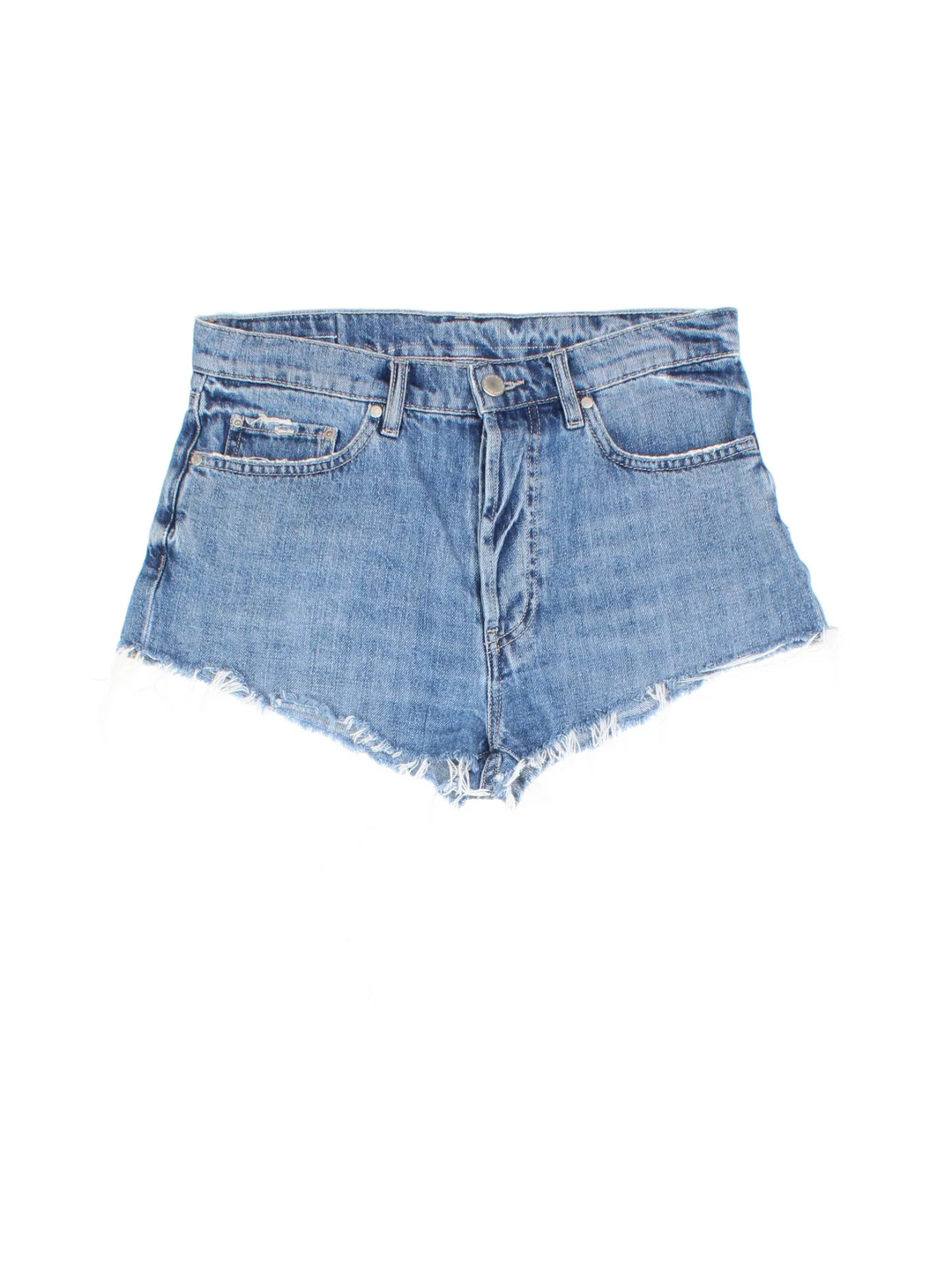 Y2K Denim Mini Shorts in blue colourway with multiple pockets and the logo embroidered on the back.