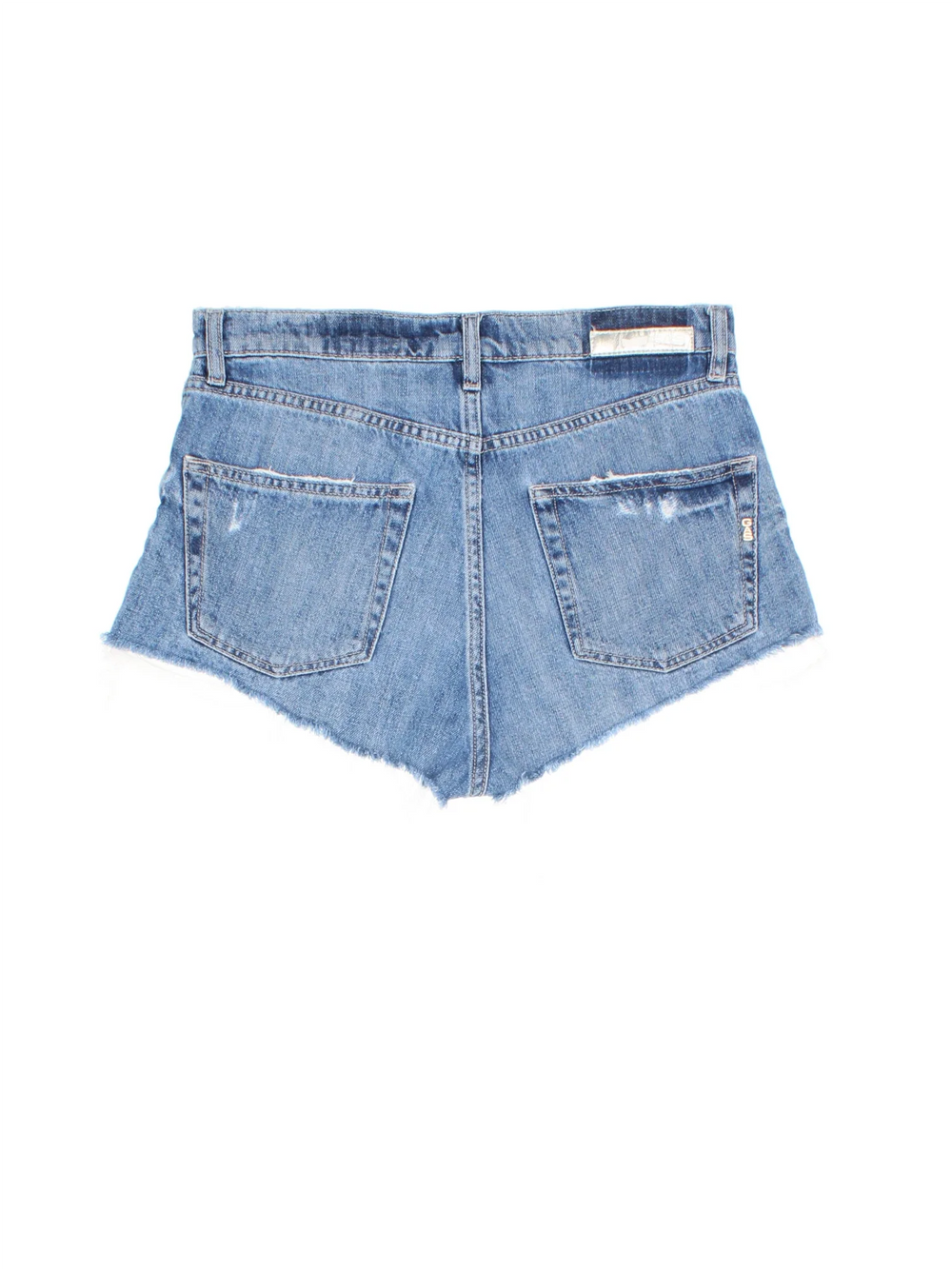 Y2K Denim Mini Shorts in blue colourway with multiple pockets and the logo embroidered on the back.