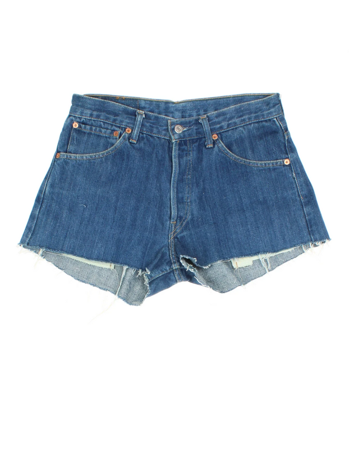 Vintage Levi Strauss Denim Shorts in blue colourway with multiple pockets and the logo embroidered on the back.