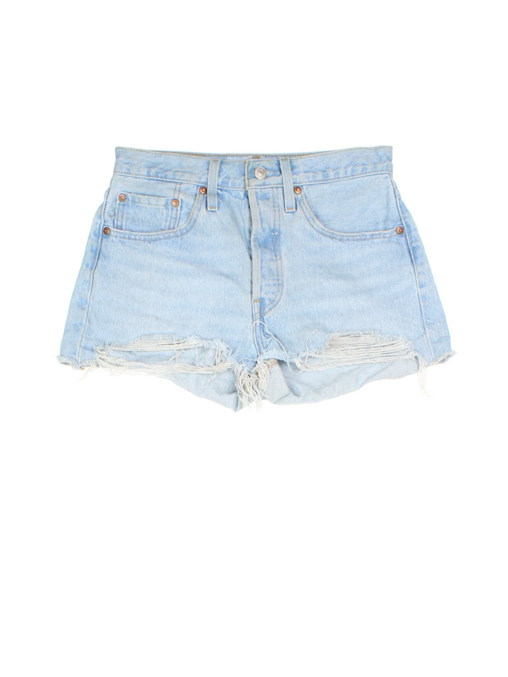 Vintage Levi Strauss Denim Mini Shorts in blue colourway with multiple pockets and the logo embroidered on the back.