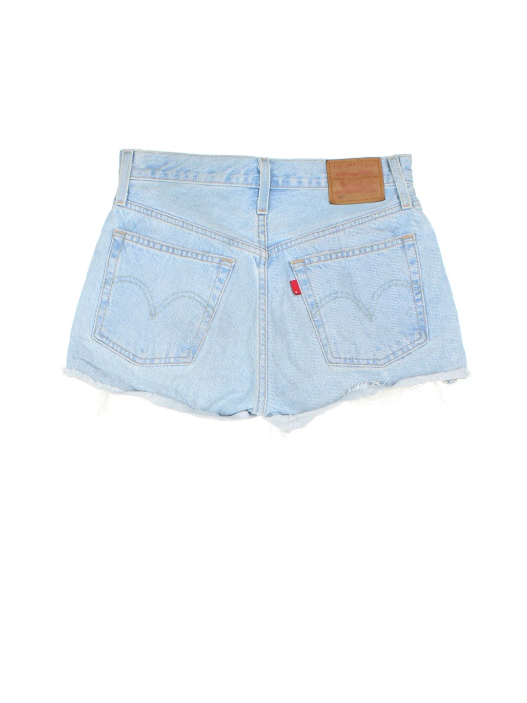 Vintage Levi Strauss Denim Mini Shorts in blue colourway with multiple pockets and the logo embroidered on the back.