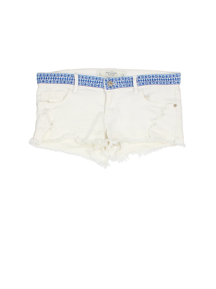 Y2K Hollister Denim Shorts in white colourway. Multiple pockets, frayed hem and embroidered detail on waistband.