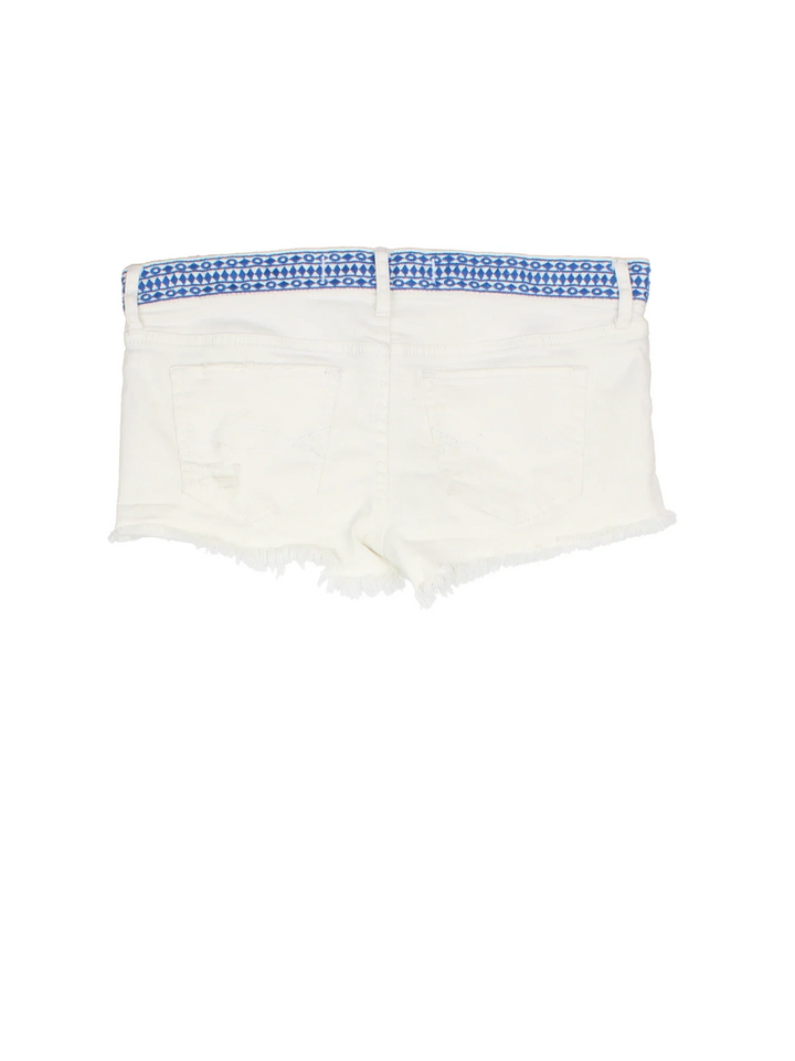 Y2K Hollister Denim Shorts in white colourway. Multiple pockets, frayed hem and embroidered detail on waistband.