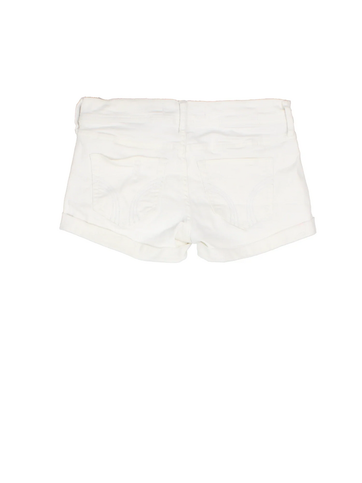 Y2K Hollister Denim Shorts in white colourway. Multiple pockets, rolled hem and embroidered detail on back.