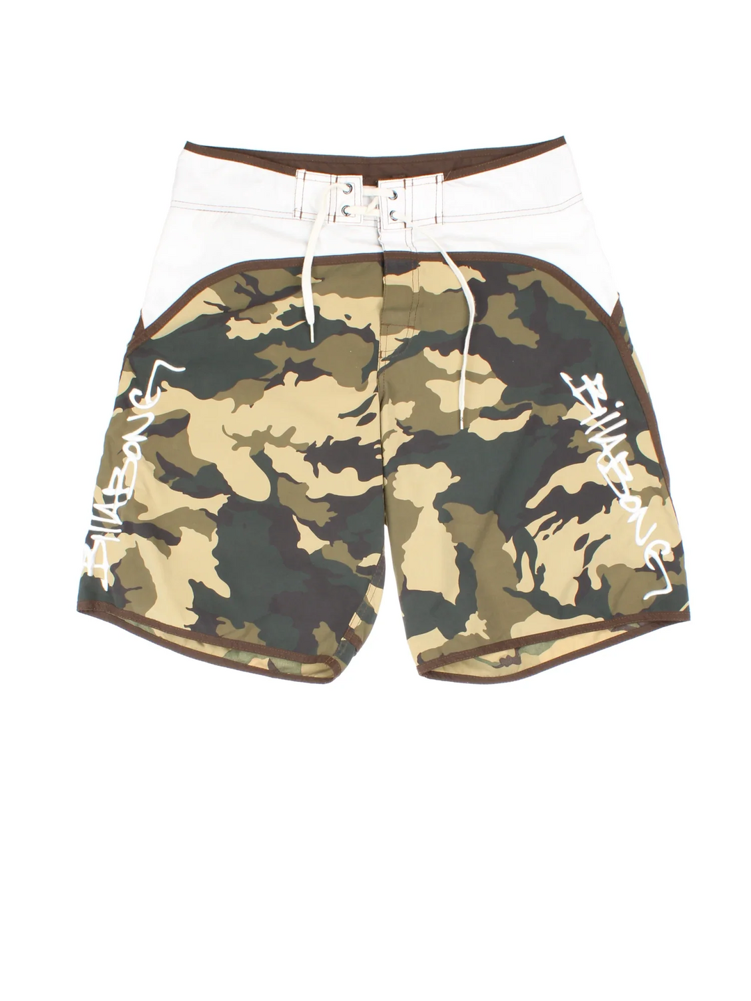 Vintage Billabong Board shorts in a camo green/white colourway with lace up fastening and the logo embroidered on the front.