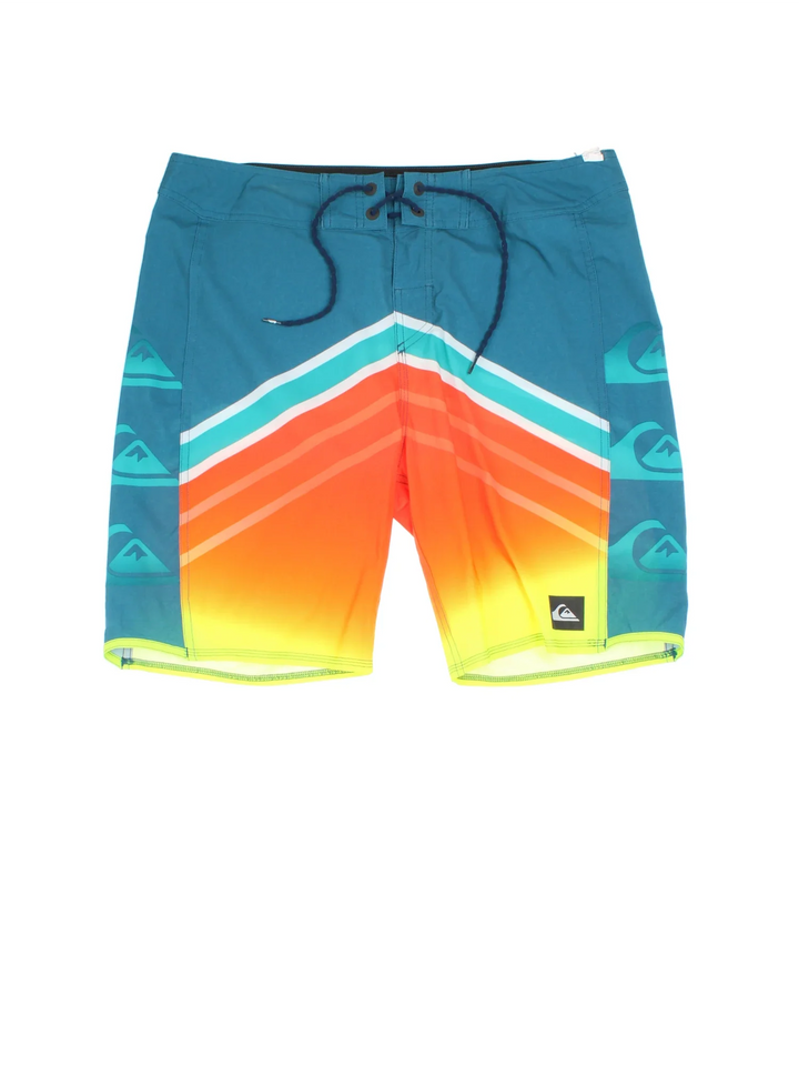 Quicksilver Swim shorts in blue/orange colourway with lace up fastening, zip back pocket and the logo embroidered on the front/back.