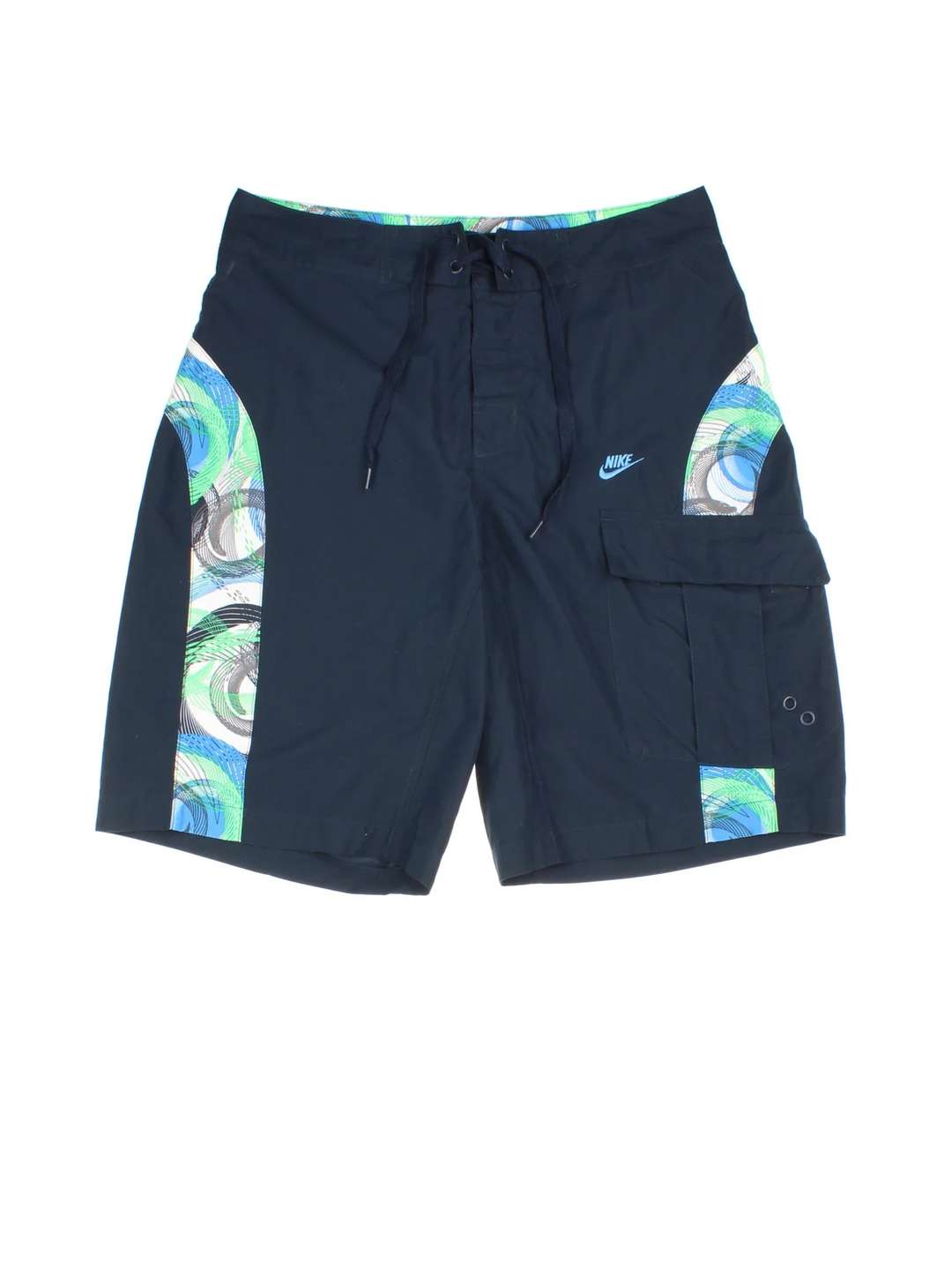 Vintage Nike Swim shorts in blue colourway with lace up fastening, mesh insert, cargo style pocket, and the logo embroidered on the front.