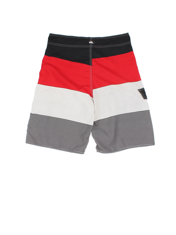 Quicksilver Board shorts in red/grey colourway with lace up fastening, side pocket and the logo embroidered on the front.