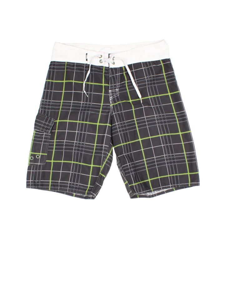 Quicksilver Board shorts in grey/green colourway with lace up fastening, side pocket and the logo embroidered on the back.
