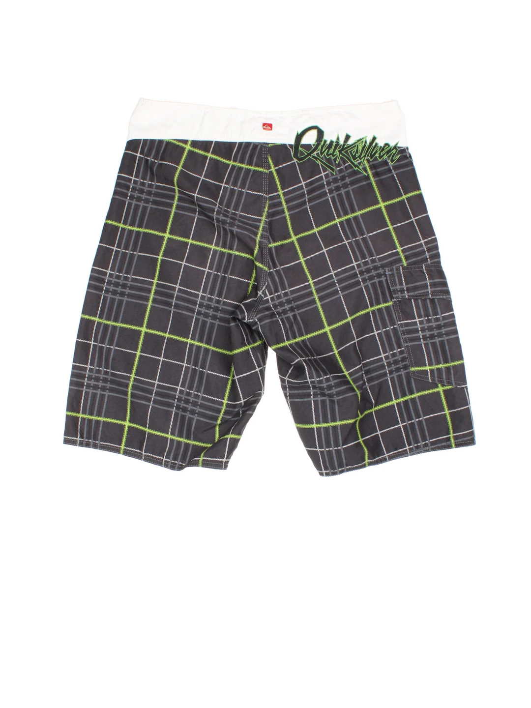 Quicksilver Board shorts in grey/green colourway with lace up fastening, side pocket and the logo embroidered on the back.