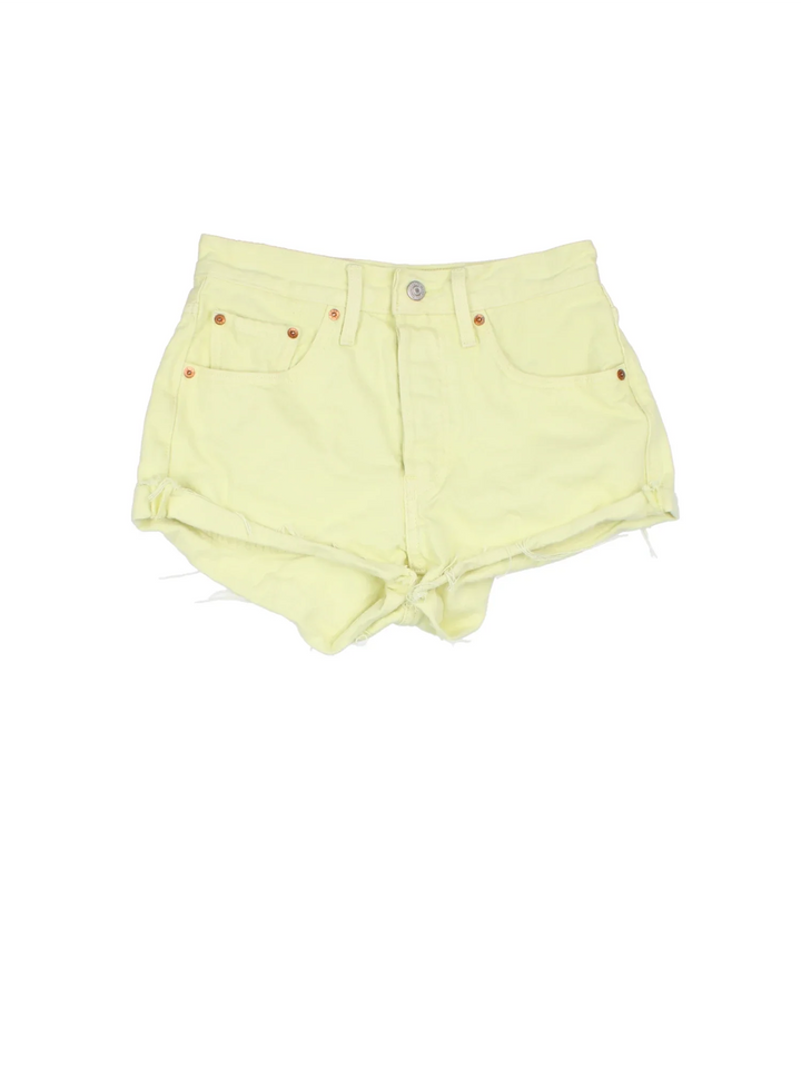 Levi Strauss Denim Shorts in yellow colourway, with multiple pockets, rolled hem and embroidered branding on the back.