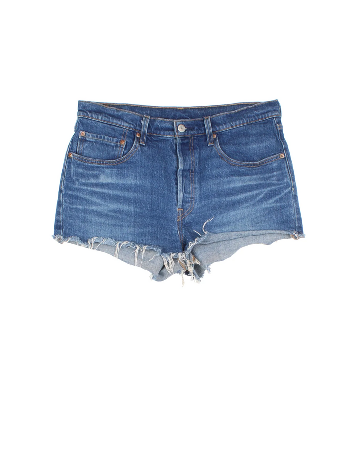 Levi Strauss Denim Shorts in blue colourway, with multiple pockets, frayed hem and embroidered branding on the back.