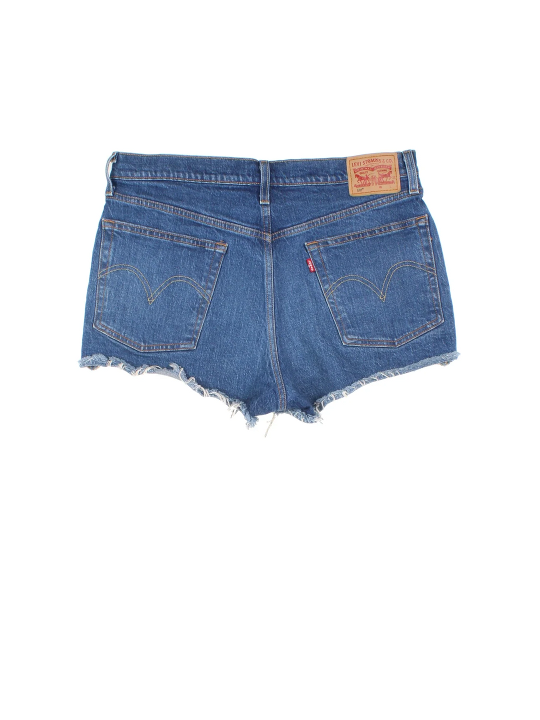Levi Strauss Denim Shorts in blue colourway, with multiple pockets, frayed hem and embroidered branding on the back.
