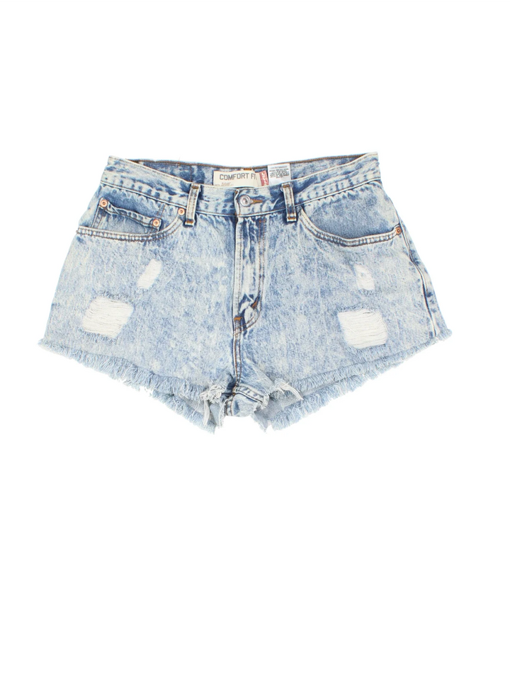 Levi Strauss Denim Shorts in blue colourway, with multiple pockets, frayed detailing and embroidered branding on the back.