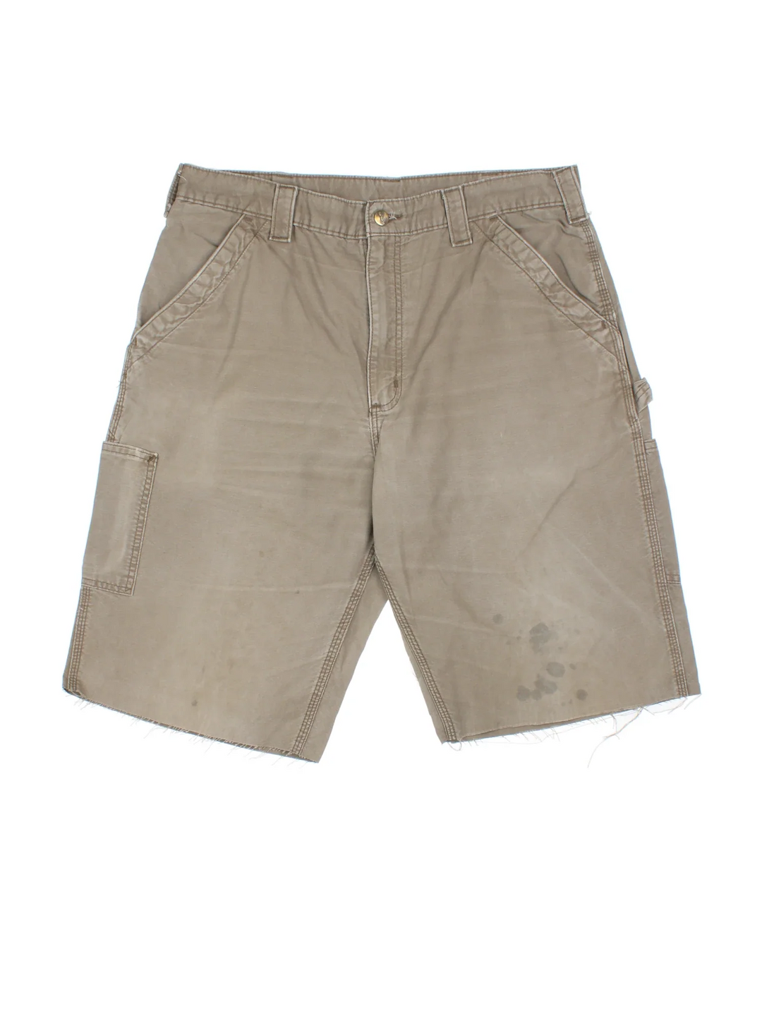 Carhartt Cut Off Shorts in green colourway. Zip fly fastening with multiple pockets, frayed hem and embroidered branding on the back.