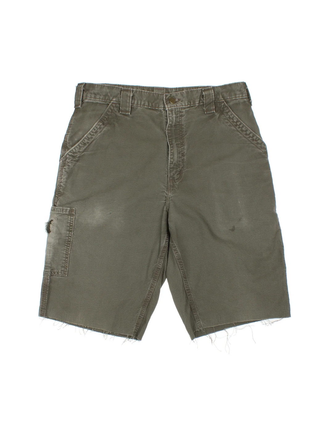 Carhartt Cut Off Shorts in green colourway. Zip fly fastening with multiple pockets, frayed hem and embroidered branding on the back.