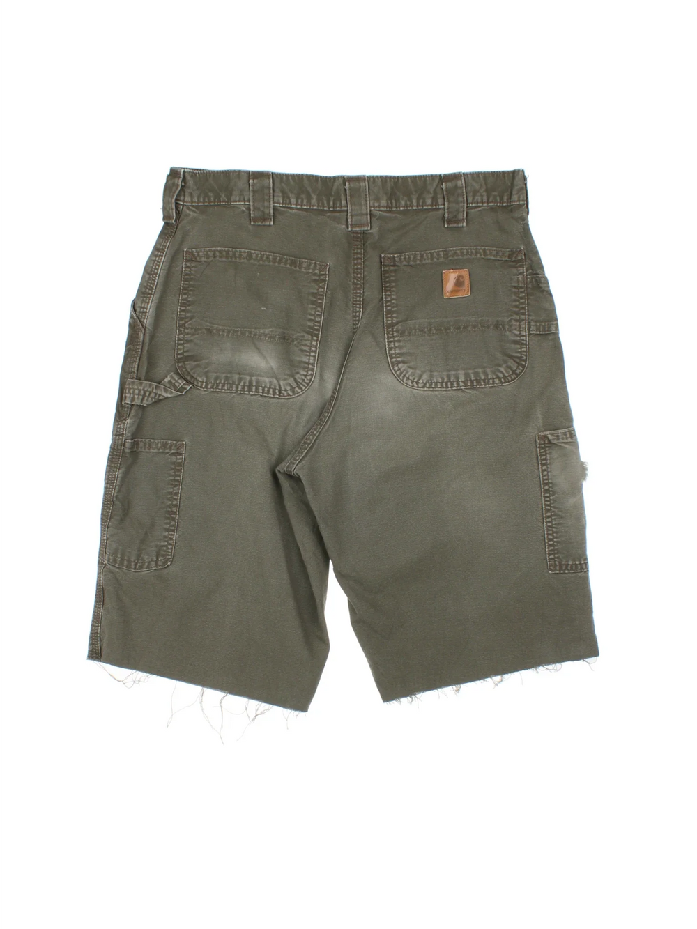 Carhartt Cut Off Shorts in green colourway. Zip fly fastening with multiple pockets, frayed hem and embroidered branding on the back.