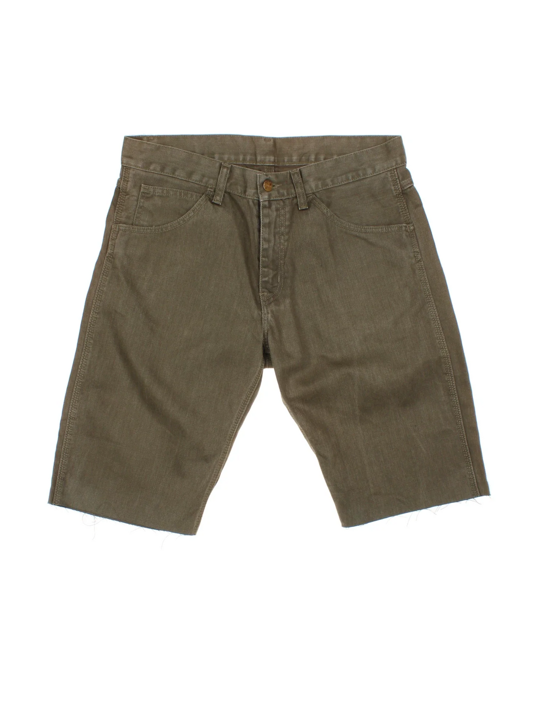 Carhartt Cut Off Shorts in green colourway. Zip fly fastening with multiple pockets, frayed hem and embroidered branding on the back.