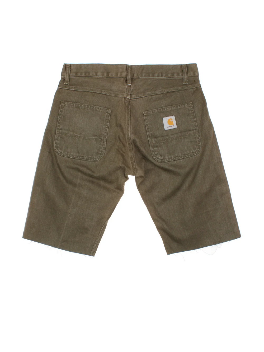 Carhartt Cut Off Shorts in green colourway. Zip fly fastening with multiple pockets, frayed hem and embroidered branding on the back.