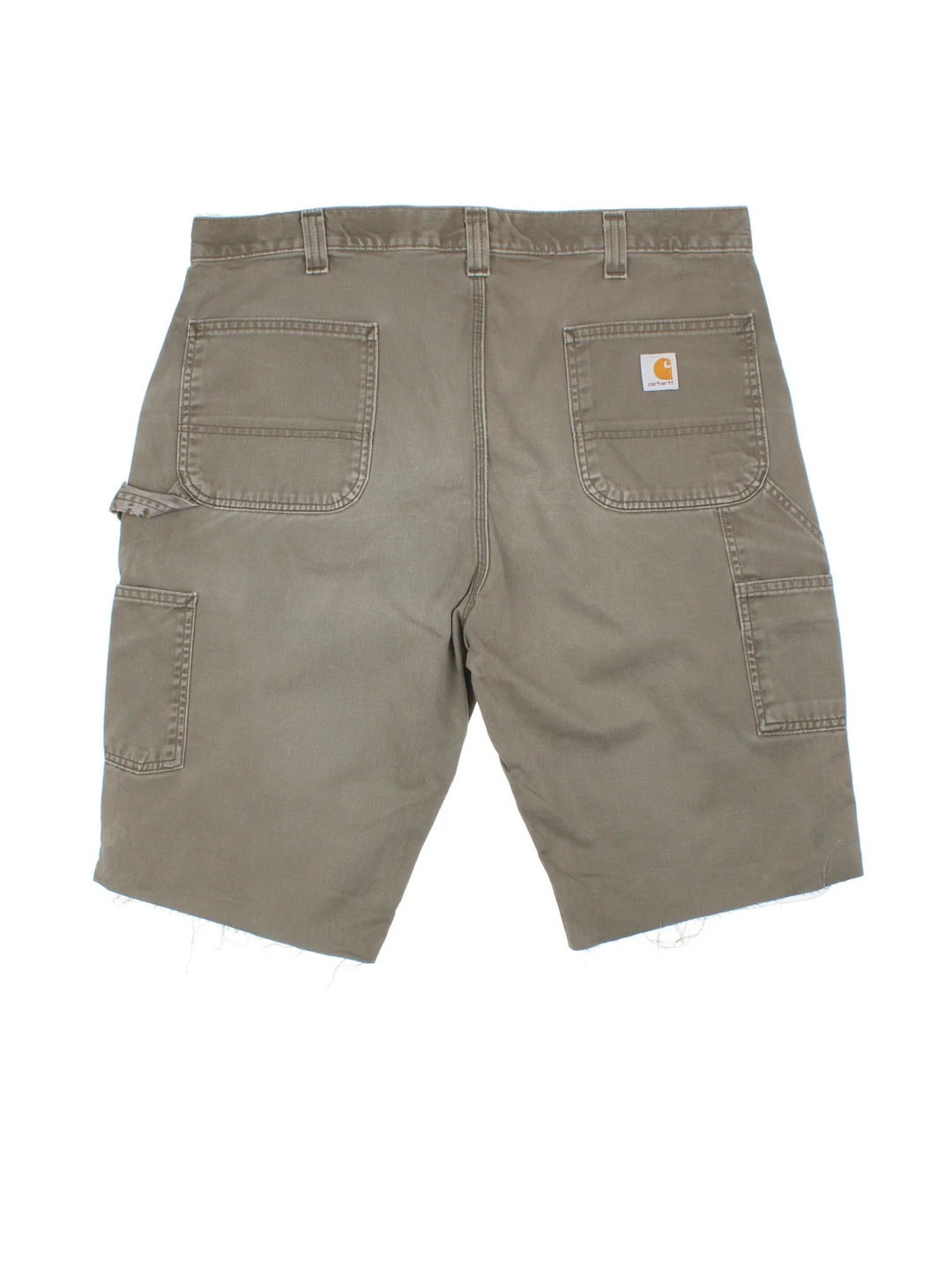 Carhartt Cut Off Shorts in green colourway. Zip fly fastening with multiple pockets, frayed hem and embroidered branding on the back.