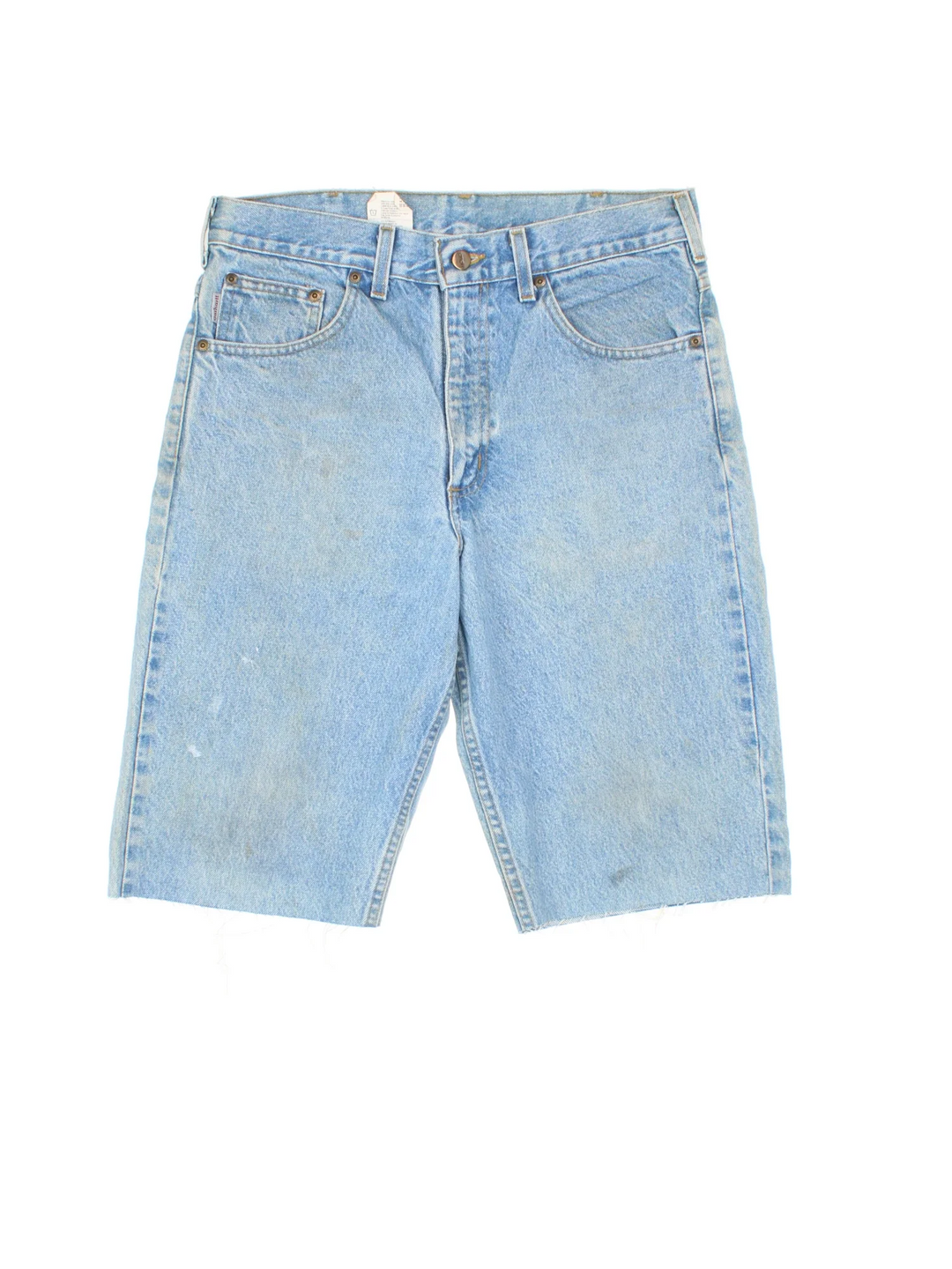 Carhartt Cut Off Shorts in blue colourway. Zip fly fastening with multiple pockets, frayed hem and embroidered branding on the back.