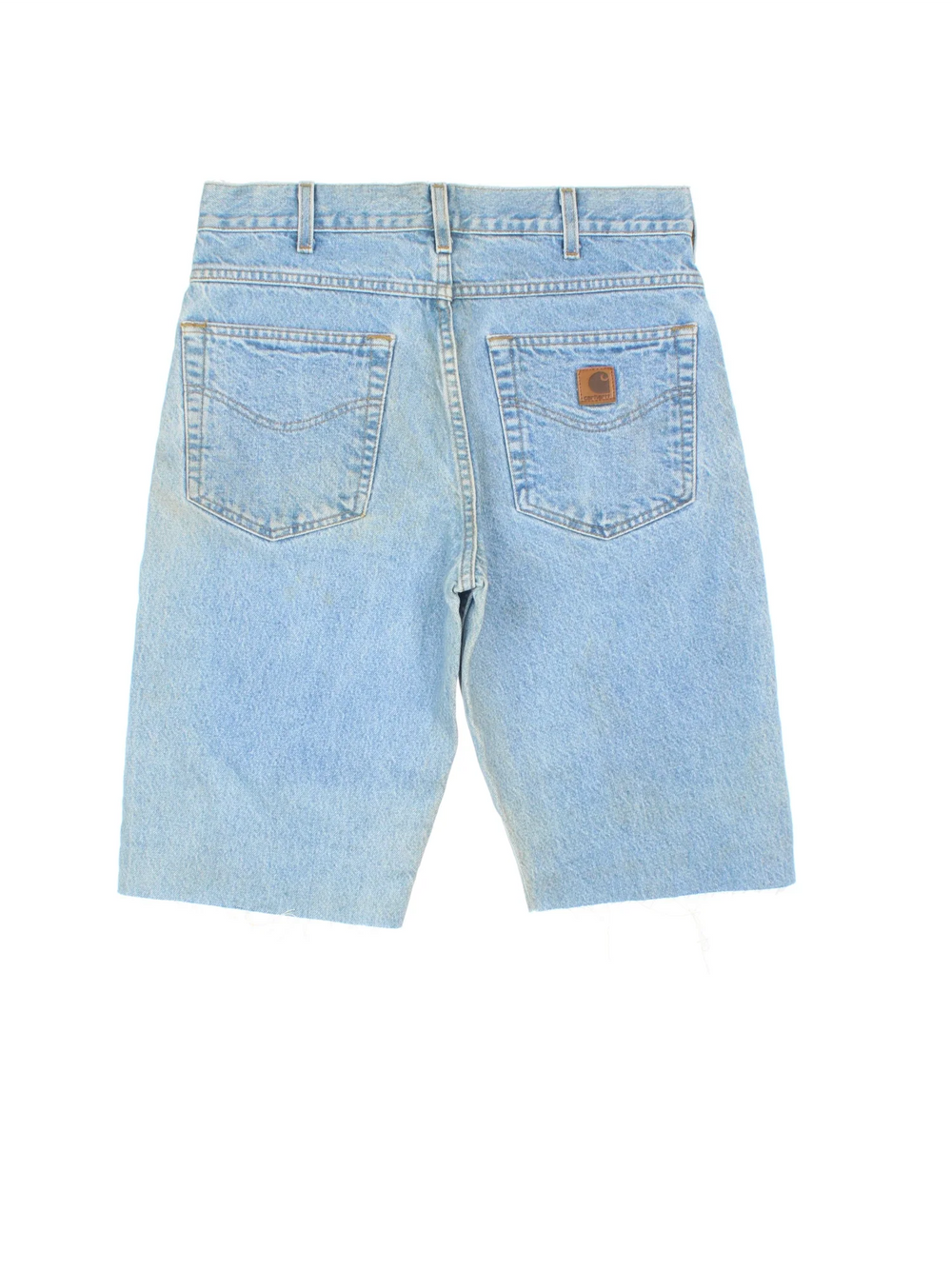 Carhartt Cut Off Shorts in blue colourway. Zip fly fastening with multiple pockets, frayed hem and embroidered branding on the back.