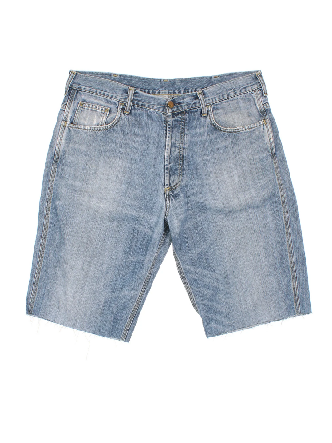 Carhartt Cut Off Shorts in blue colourway. Zip fly fastening with multiple pockets, frayed hem and embroidered branding on the back.