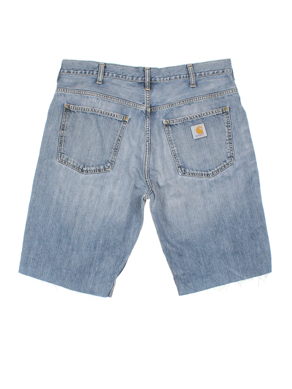 Carhartt Cut Off Shorts in blue colourway. Zip fly fastening with multiple pockets, frayed hem and embroidered branding on the back.