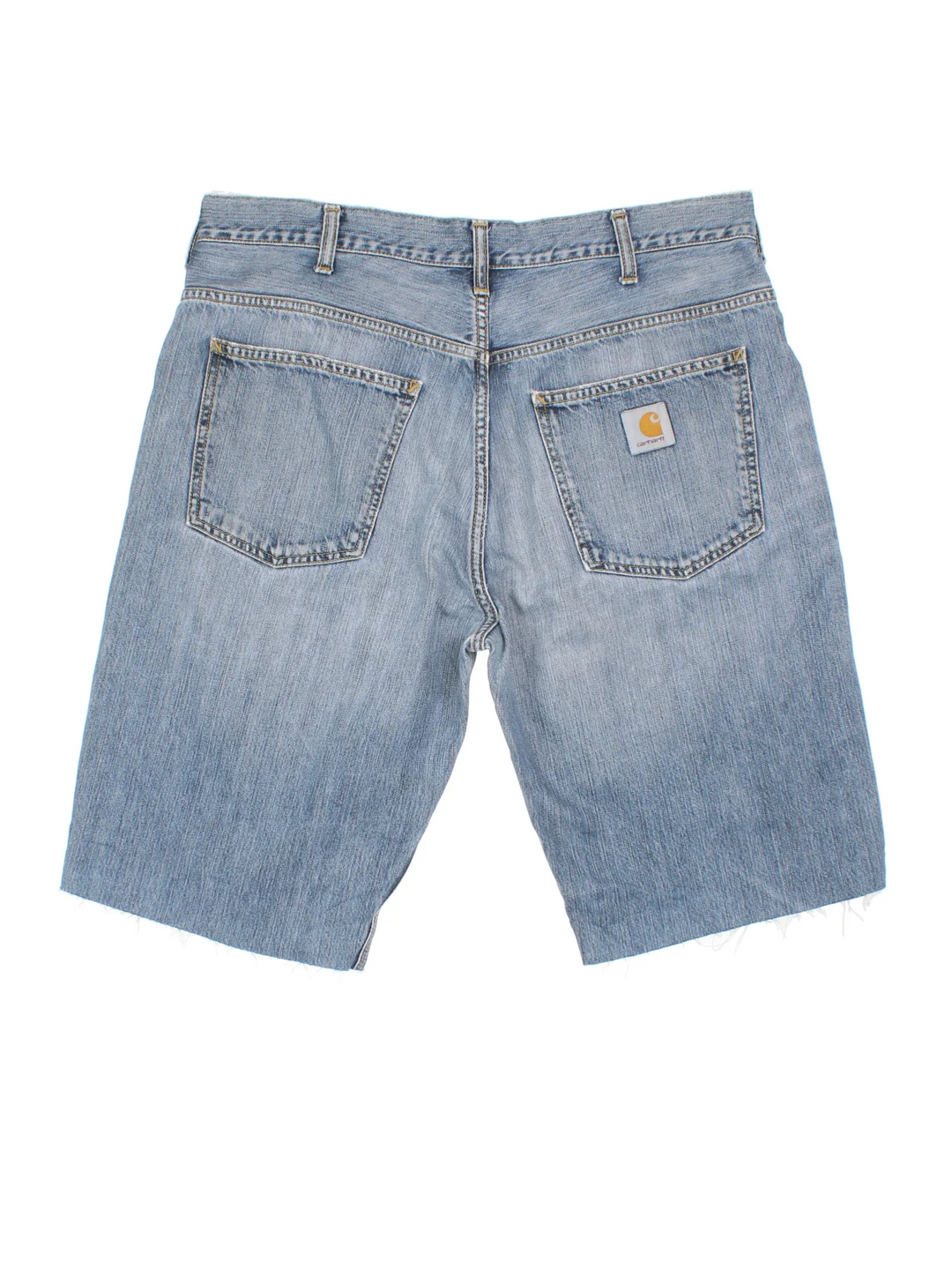 Carhartt Cut Off Shorts in blue colourway. Zip fly fastening with multiple pockets, frayed hem and embroidered branding on the back.