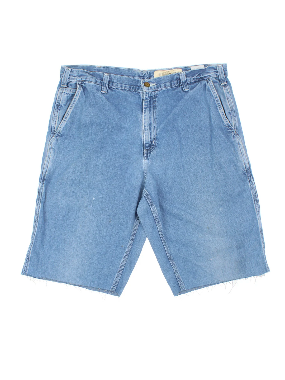 Carhartt Cut Off Shorts in blue colourway. Zip fly fastening with multiple pockets, frayed hem and embroidered branding on the back.