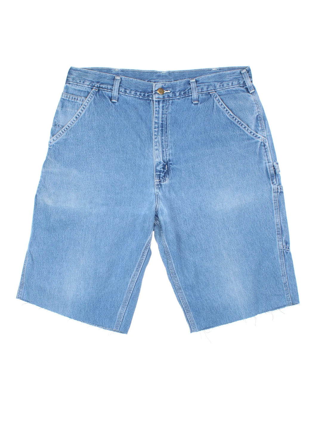 Carhartt Cut Off Shorts in blue colourway. Zip fly fastening with multiple pockets, frayed hem and embroidered branding on the back.