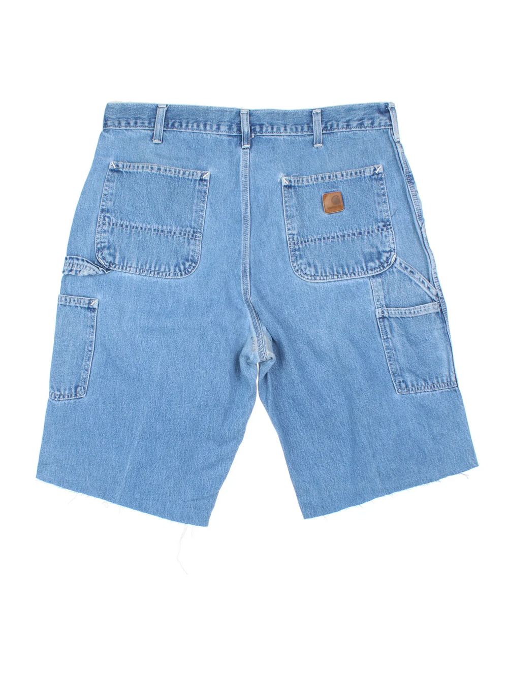 Carhartt Cut Off Shorts in blue colourway. Zip fly fastening with multiple pockets, frayed hem and embroidered branding on the back.