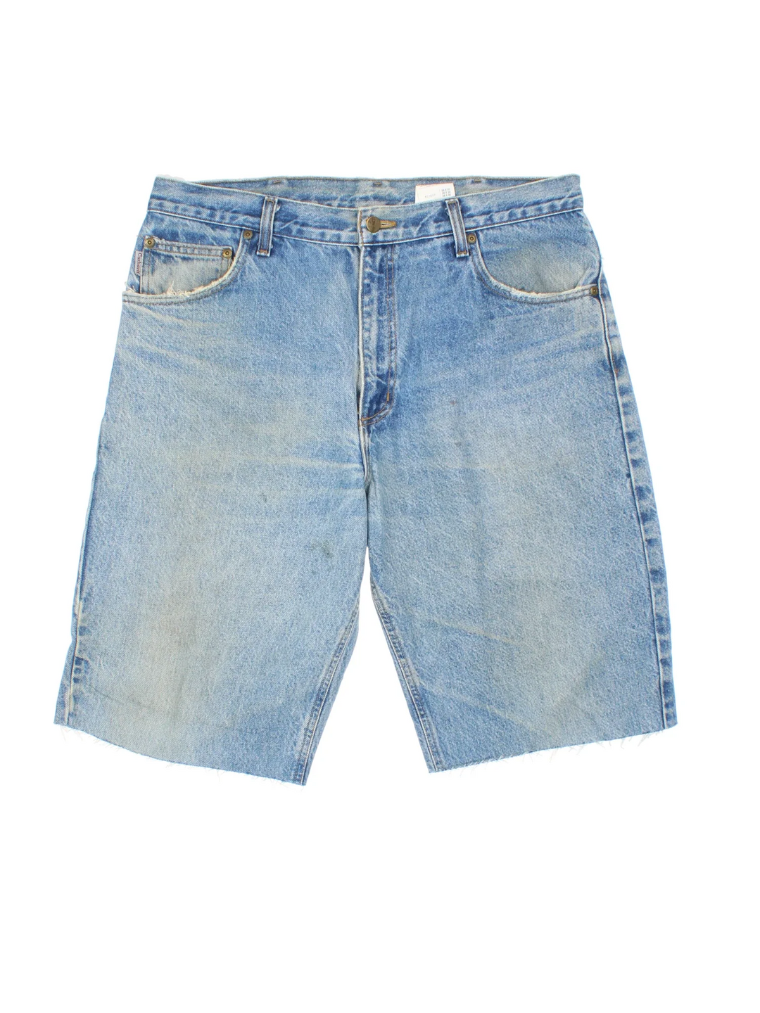 Carhartt Cut Off Shorts in blue colourway. Zip fly fastening with multiple pockets, frayed hem and embroidered branding on the back.