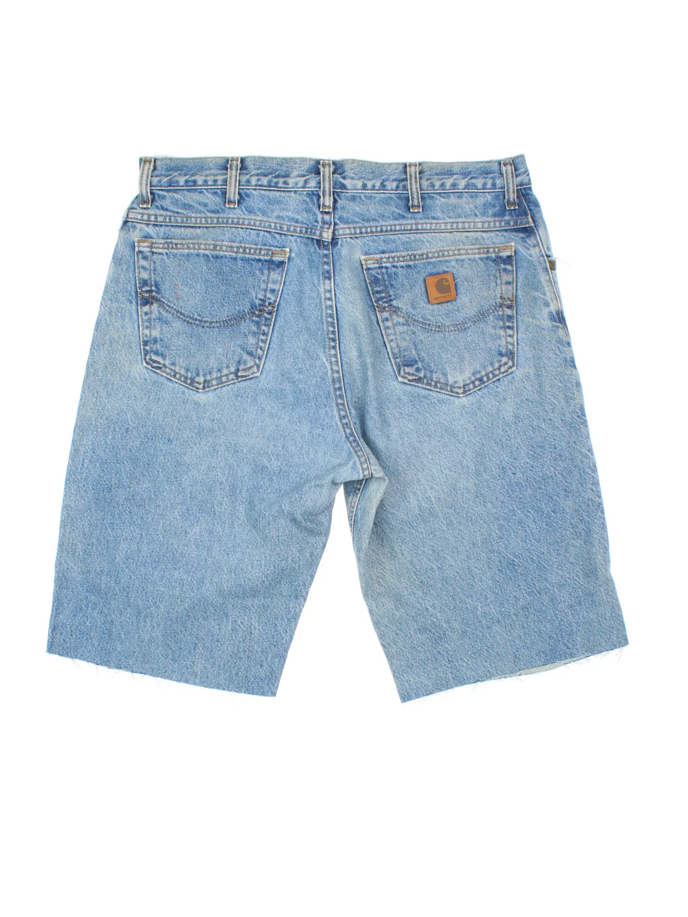 Carhartt Cut Off Shorts in blue colourway. Zip fly fastening with multiple pockets, frayed hem and embroidered branding on the back.