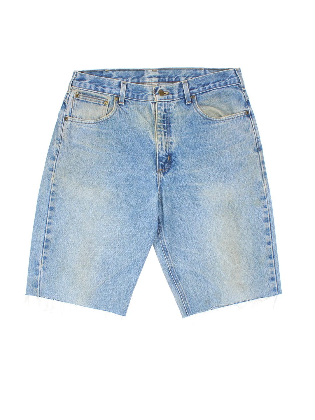 Carhartt Cut Off Shorts in blue colourway. Zip fly fastening with multiple pockets, frayed hem and embroidered branding on the back.