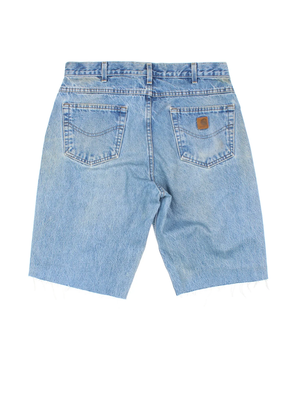 Carhartt Cut Off Shorts in blue colourway. Zip fly fastening with multiple pockets, frayed hem and embroidered branding on the back.
