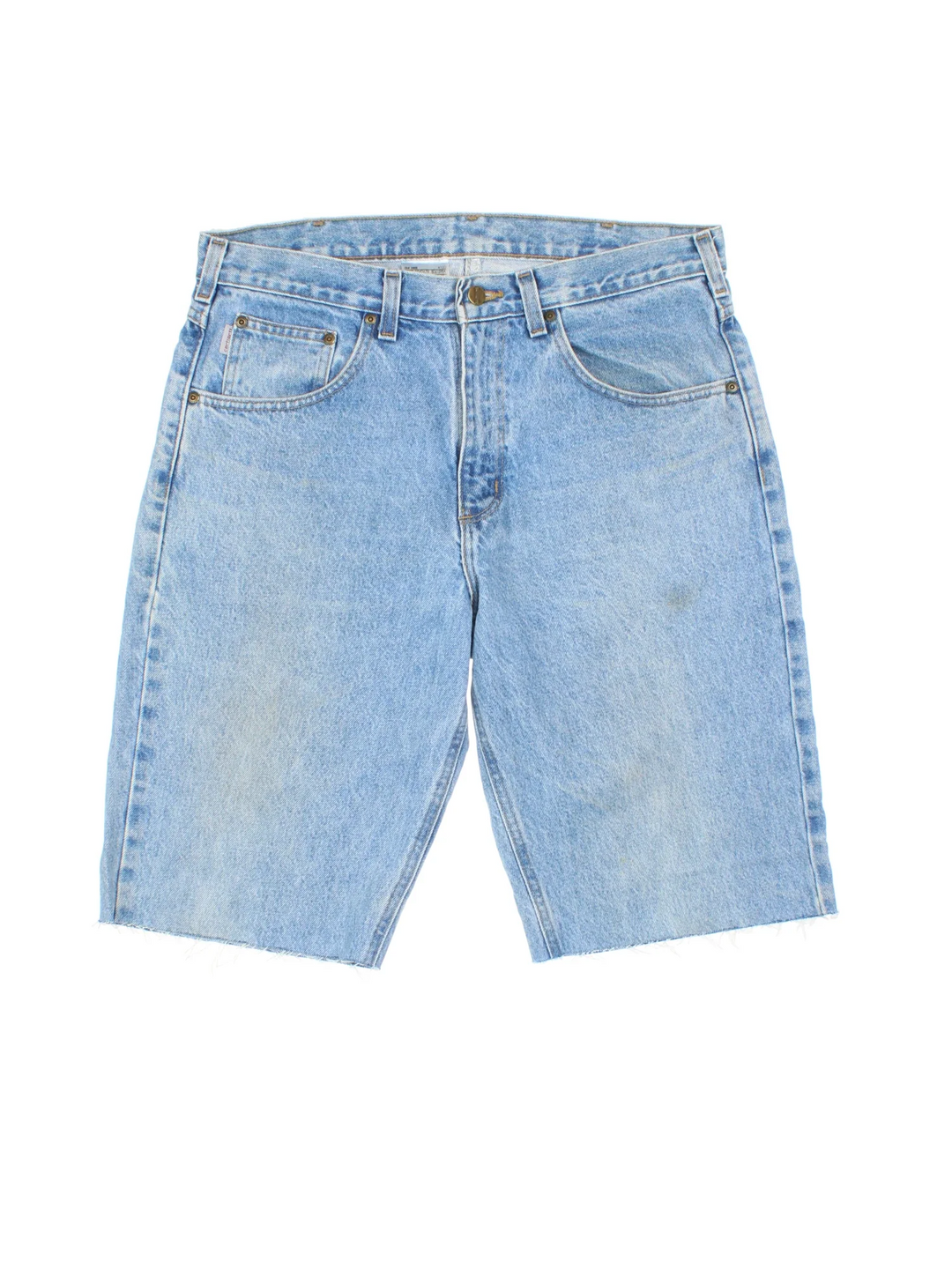 Carhartt Cut Off Shorts in blue colourway. Zip fly fastening with multiple pockets, frayed hem and embroidered branding on the back.