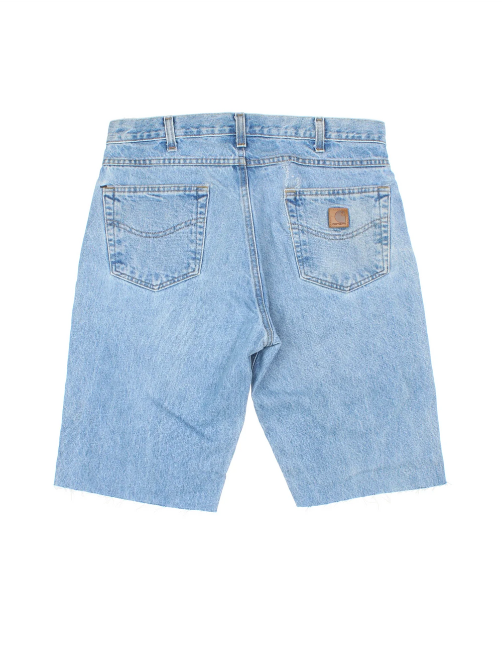 Carhartt Cut Off Shorts in blue colourway. Zip fly fastening with multiple pockets, frayed hem and embroidered branding on the back.