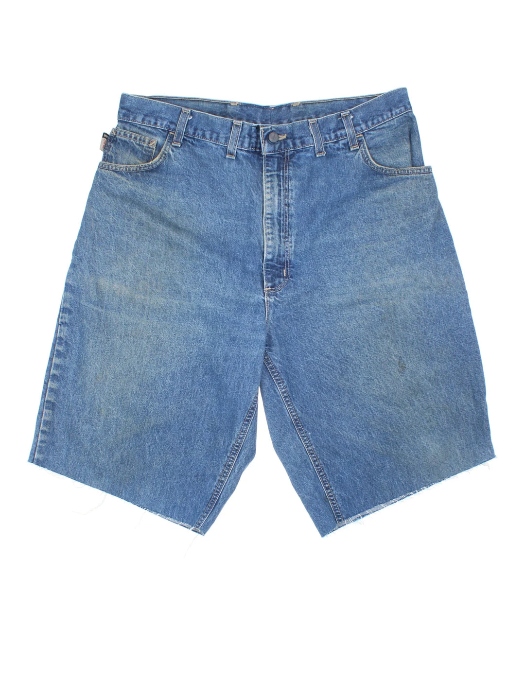 Carhartt Cut Off Shorts in blue colourway. Zip fly fastening with multiple pockets, frayed hem and embroidered branding on the back.