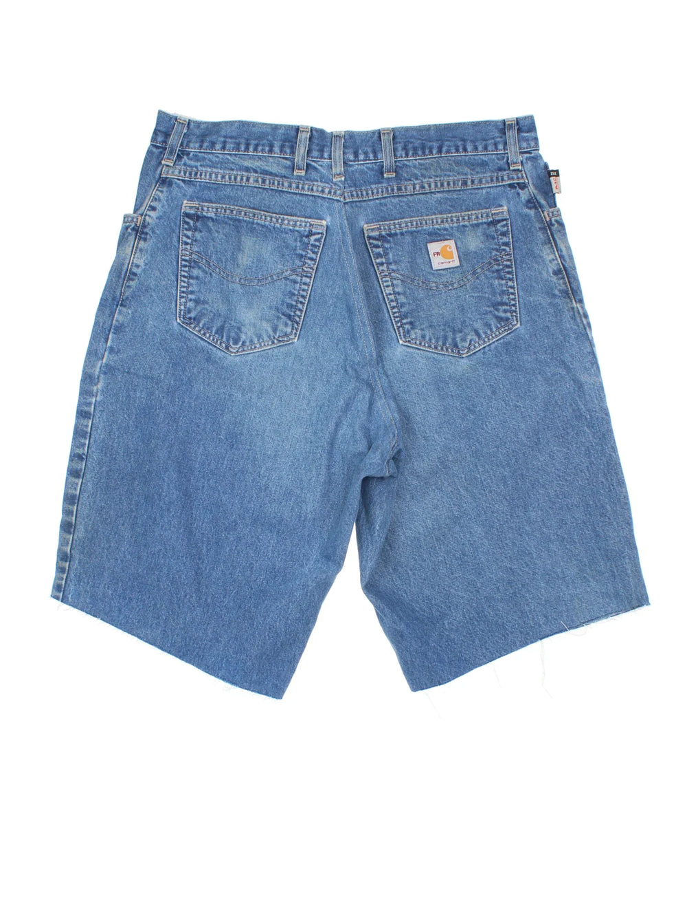Carhartt Cut Off Shorts in blue colourway. Zip fly fastening with multiple pockets, frayed hem and embroidered branding on the back.