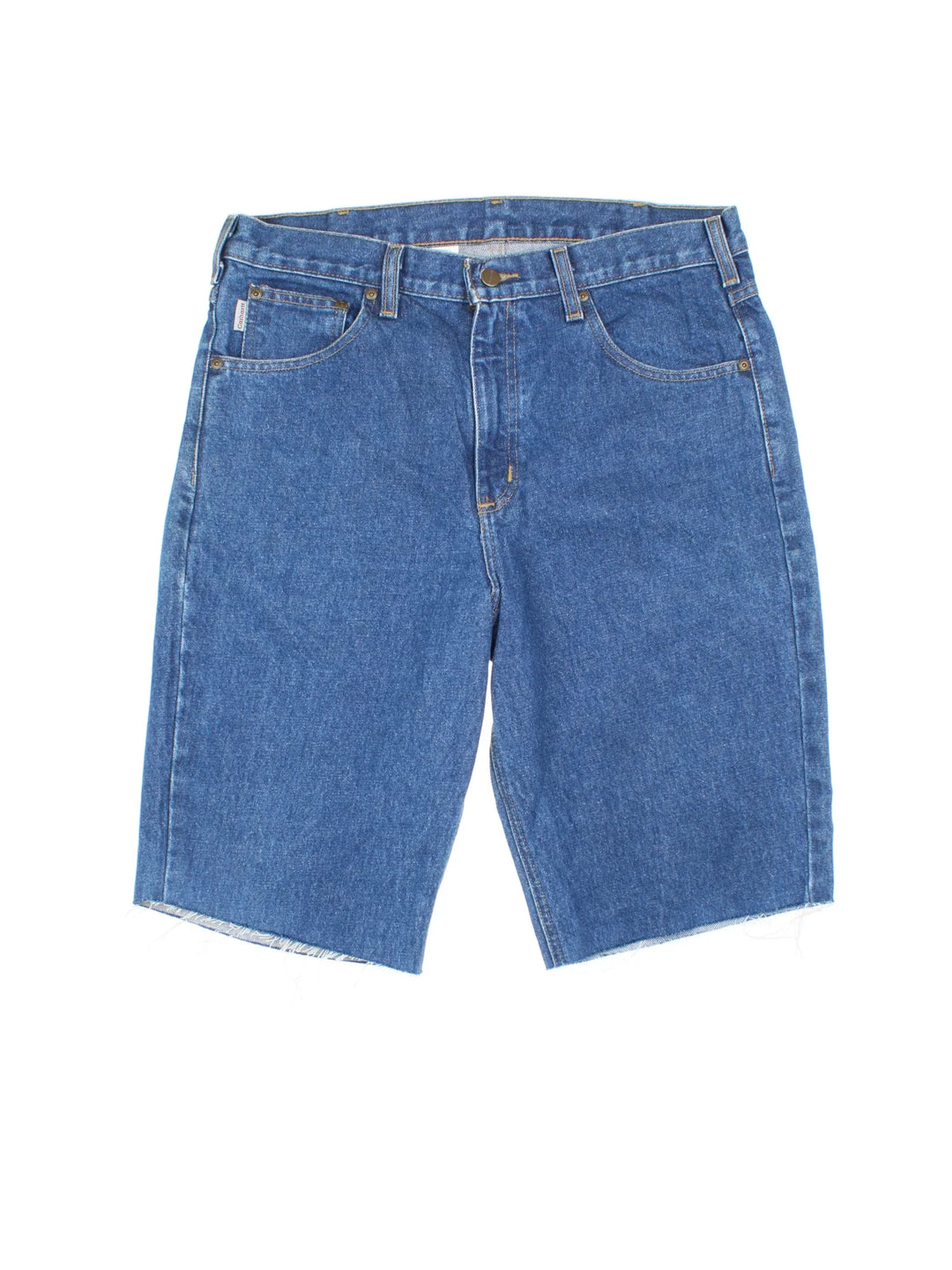 Carhartt Cut Off Shorts in blue colourway. Zip fly fastening with multiple pockets, frayed hem and embroidered branding on the back.