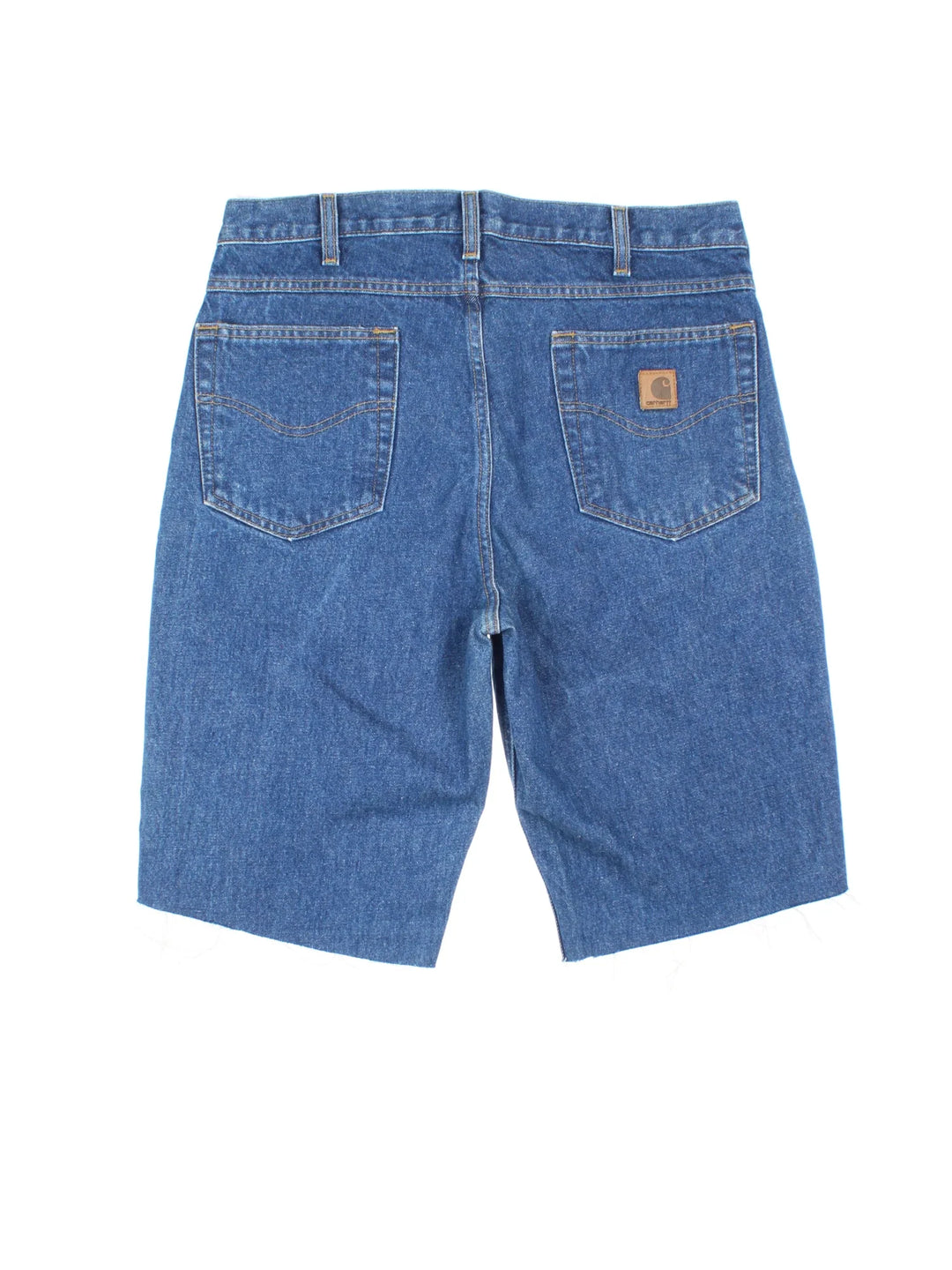 Carhartt Cut Off Shorts in blue colourway. Zip fly fastening with multiple pockets, frayed hem and embroidered branding on the back.