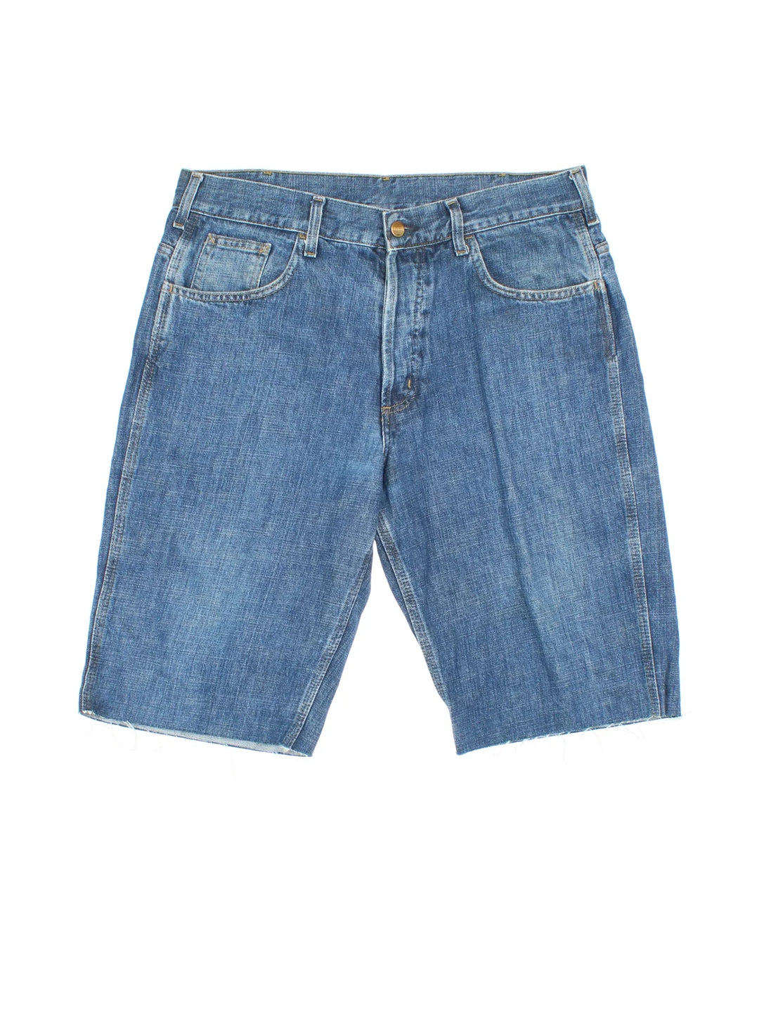 Carhartt Cut Off Shorts in blue colourway. Zip fly fastening with multiple pockets, frayed hem and embroidered branding on the back.