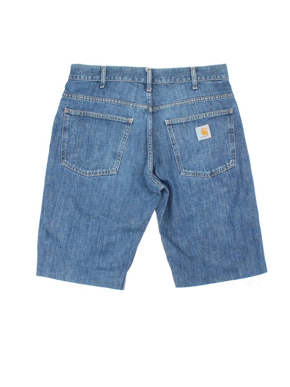 Carhartt Cut Off Shorts in blue colourway. Zip fly fastening with multiple pockets, frayed hem and embroidered branding on the back.